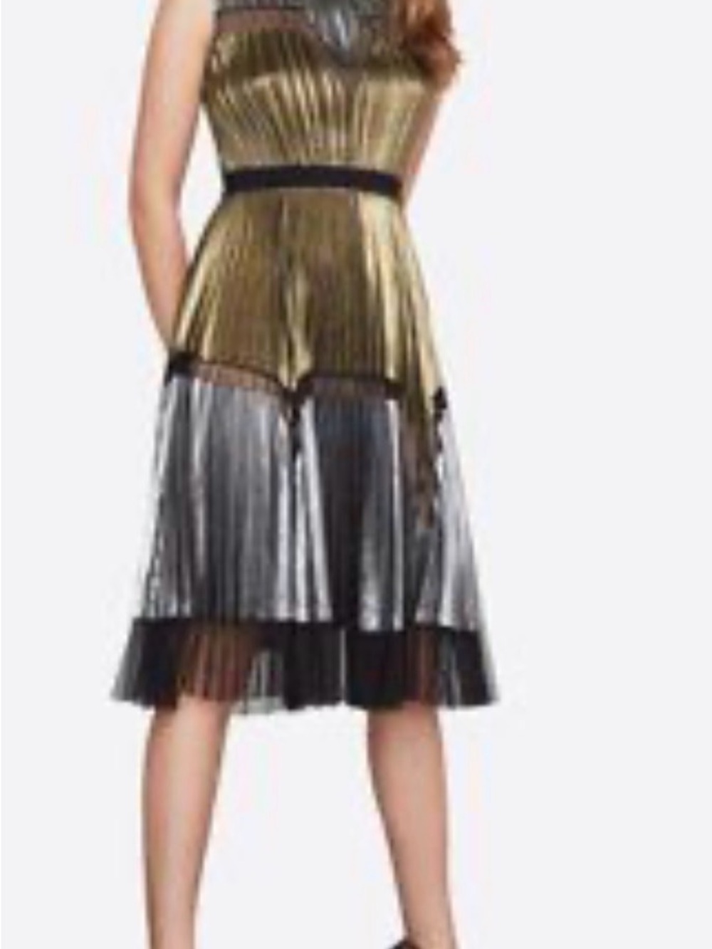 BCBGMaxAzria Metallic Gold and Silver Pleated Midi Dress - Picture 6 of 16